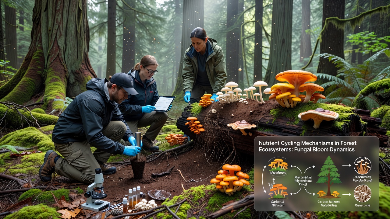 Aerial view of temperate forest canopy with ground-level indicators of fungal bloom activity and soil sampling sites