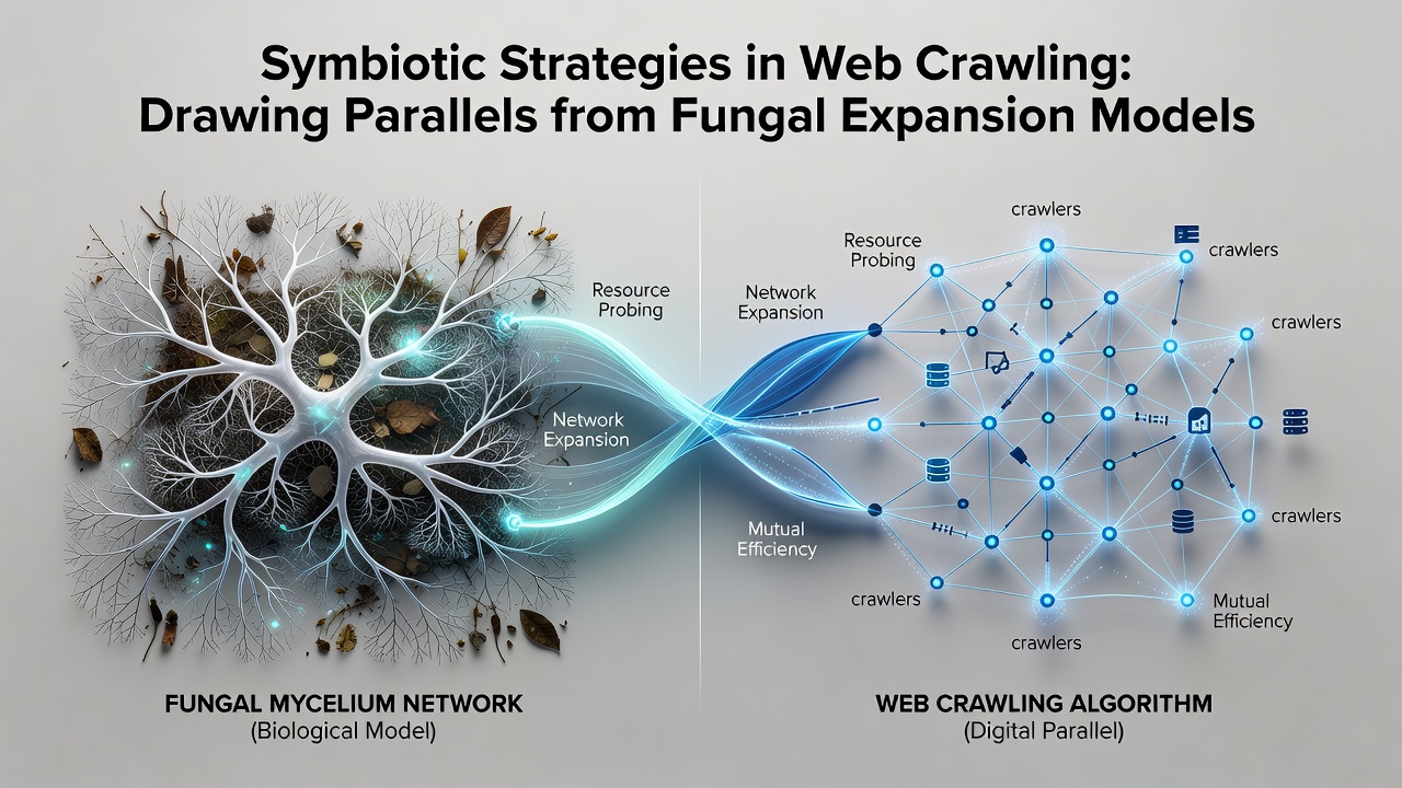Detailed view of symbiotic fungal threads alongside crawler sitemap traversal diagrams
